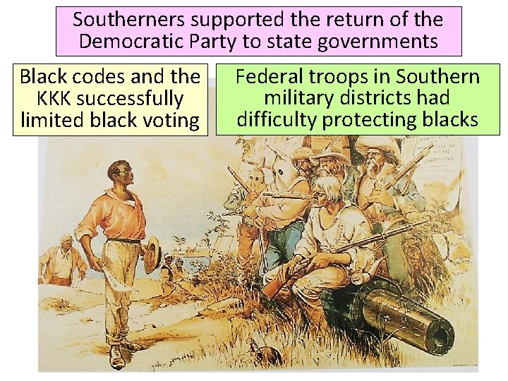 Southerners supported the return of the Democratic Party to state governments Black codes and