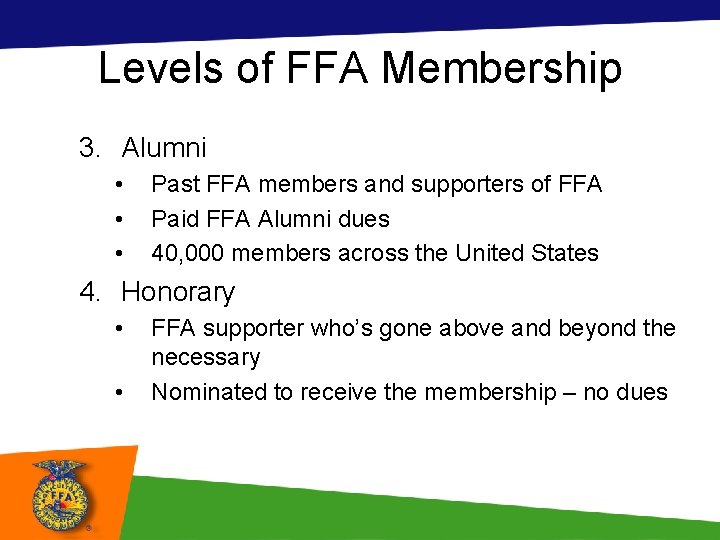 Levels of FFA Membership 3. Alumni • • • Past FFA members and supporters