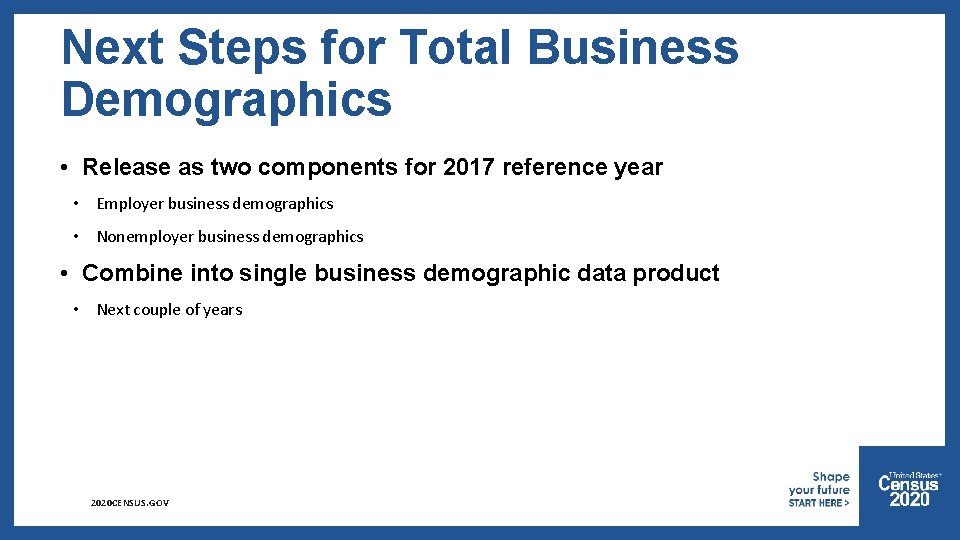 Next Steps for Total Business Demographics • Release as two components for 2017 reference