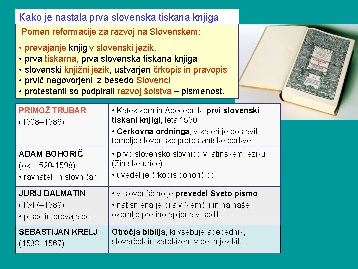 Kako je nastala prva slovenska tiskana knjiga Pomen reformacije za razvoj na Slovenskem: •