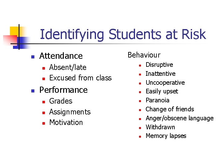 Identifying Students at Risk n Attendance n n n Absent/late Excused from class Performance