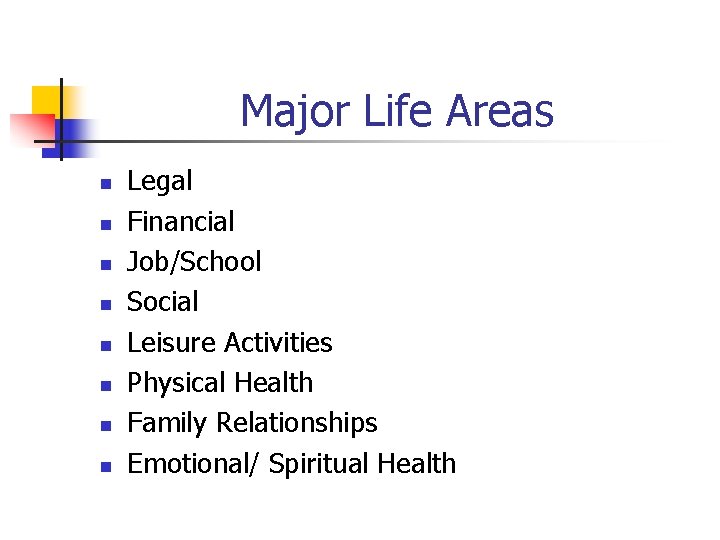 Major Life Areas n n n n Legal Financial Job/School Social Leisure Activities Physical