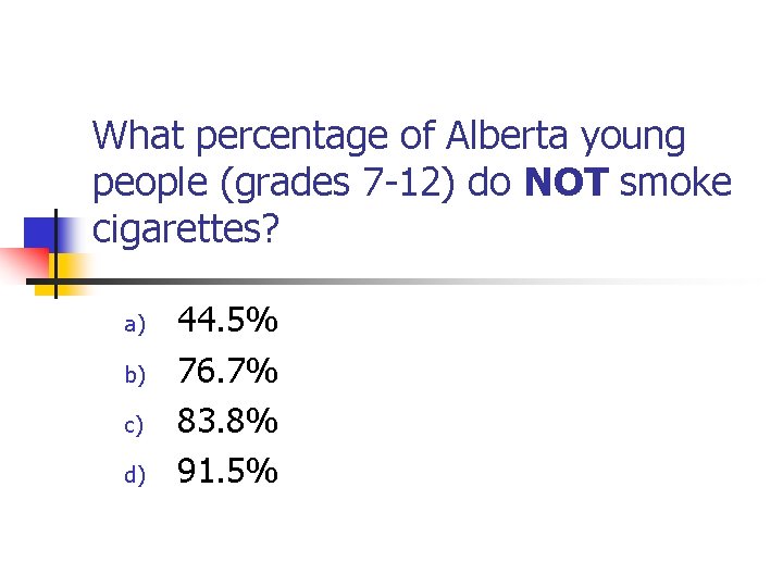 What percentage of Alberta young people (grades 7 -12) do NOT smoke cigarettes? a)