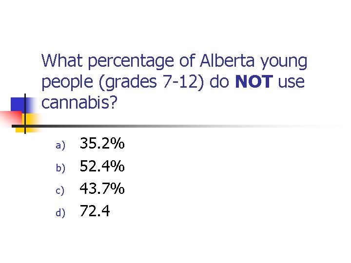 What percentage of Alberta young people (grades 7 -12) do NOT use cannabis? a)