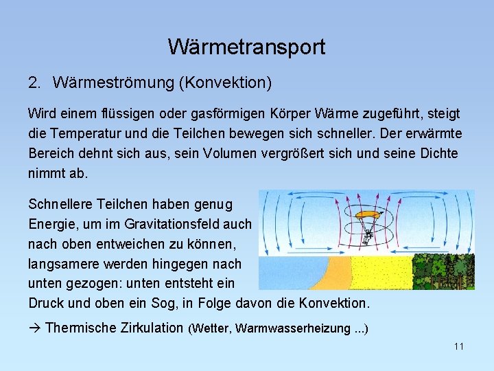 Wärmetransport 2. Wärmeströmung (Konvektion) Wird einem flüssigen oder gasförmigen Körper Wärme zugeführt, steigt die