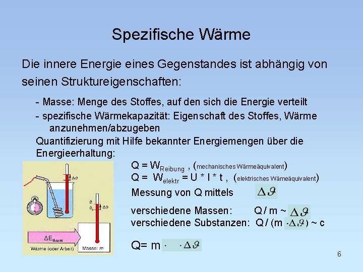 Spezifische Wärme Die innere Energie eines Gegenstandes ist abhängig von seinen Struktureigenschaften: - Masse: