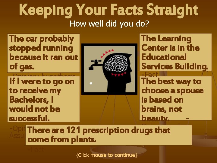 Keeping Your Facts Straight How well did you do? The car probably stopped running