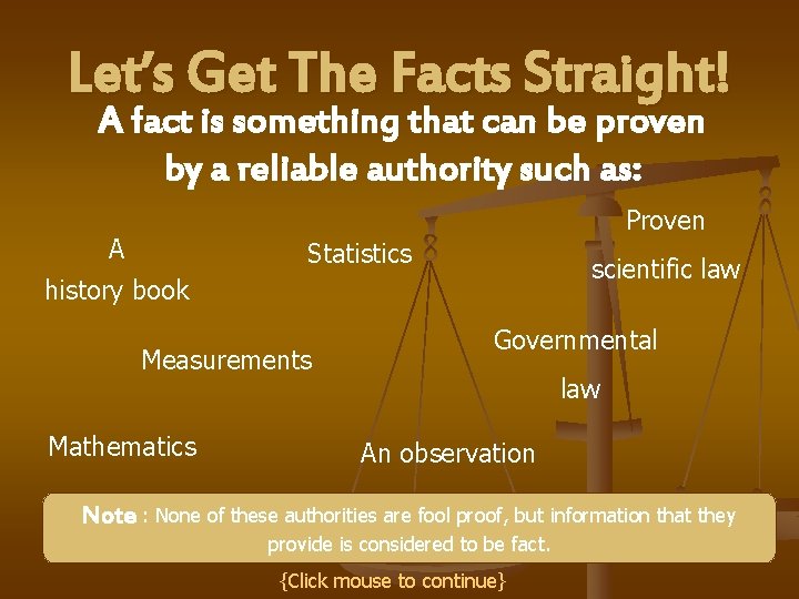 Let’s Get The Facts Straight! A fact is something that can be proven by