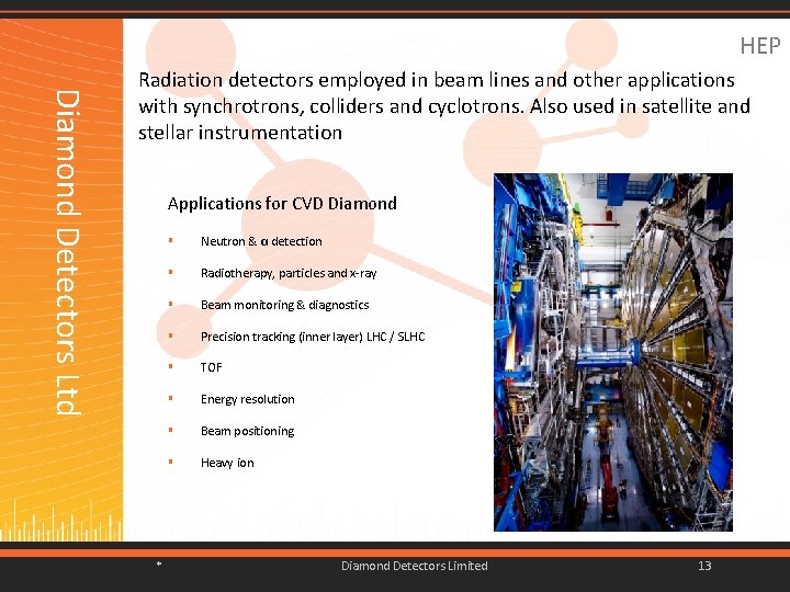 HEP Applications for CVD Diamond * Neutron & α detection Radiotherapy, particles and x-ray