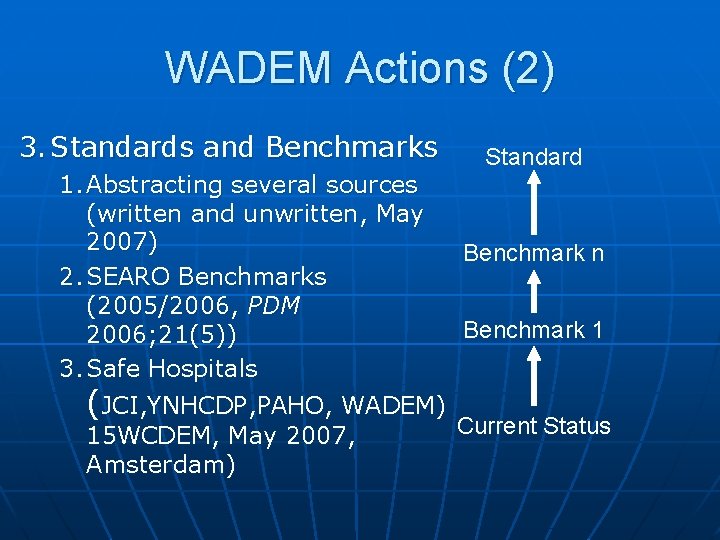 WADEM Actions (2) 3. Standards and Benchmarks Standard 1. Abstracting several sources (written and