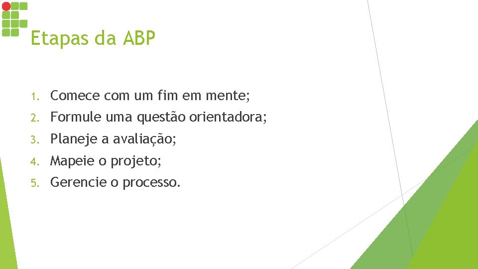 Etapas da ABP 1. Comece com um fim em mente; 2. Formule uma questão