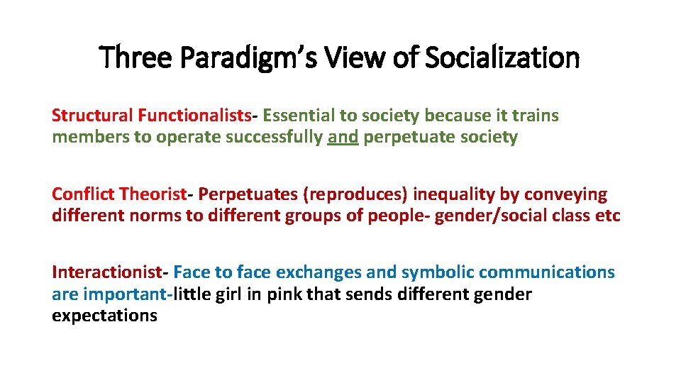 Three Paradigm’s View of Socialization Structural Functionalists- Essential to society because it trains members