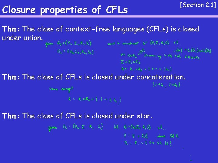 Closure properties of CFLs [Section 2. 1] Thm: The class of context-free languages (CFLs)