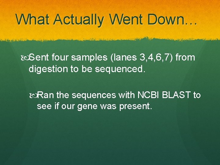 What Actually Went Down… Sent four samples (lanes 3, 4, 6, 7) from digestion