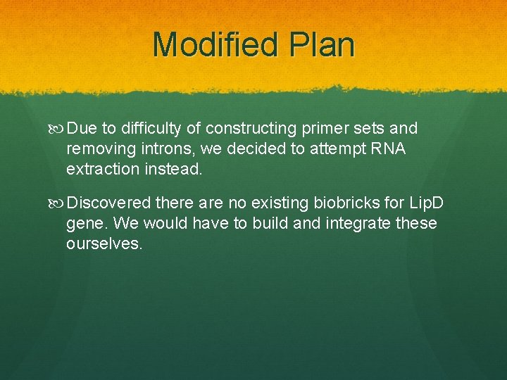 Modified Plan Due to difficulty of constructing primer sets and removing introns, we decided