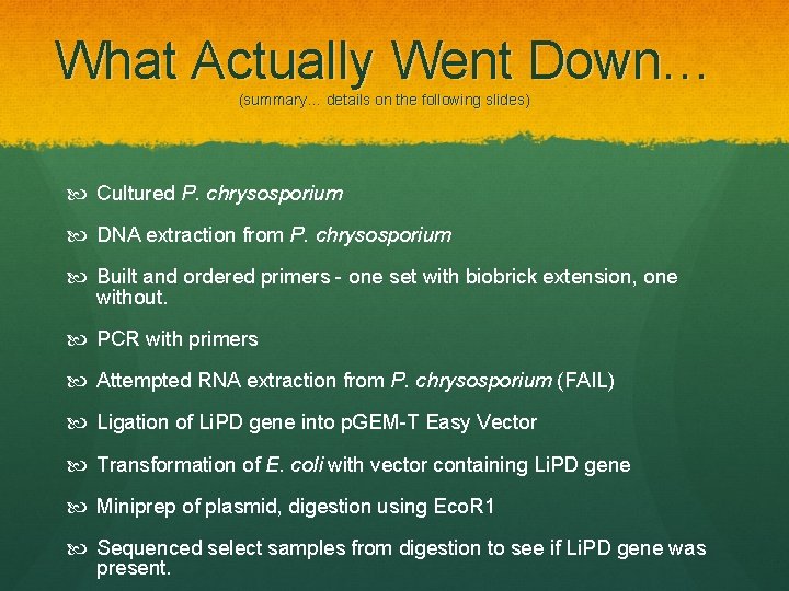 What Actually Went Down… (summary… details on the following slides) Cultured P. chrysosporium DNA