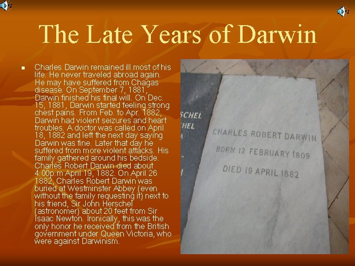 The Late Years of Darwin n Charles Darwin remained ill most of his life.