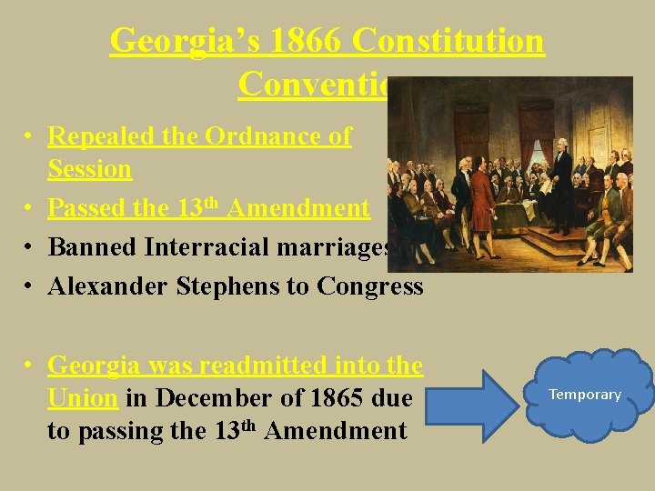 Georgia’s 1866 Constitution Convention • Repealed the Ordnance of Session • Passed the 13