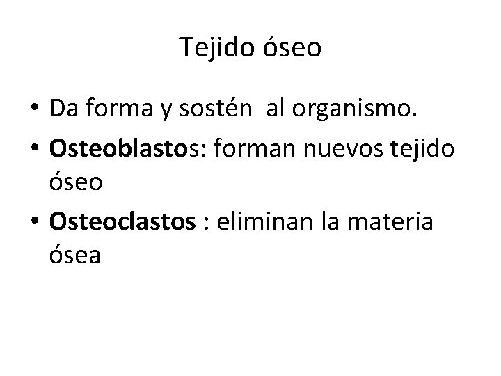 Tejido óseo • Da forma y sostén al organismo. • Osteoblastos: forman nuevos tejido