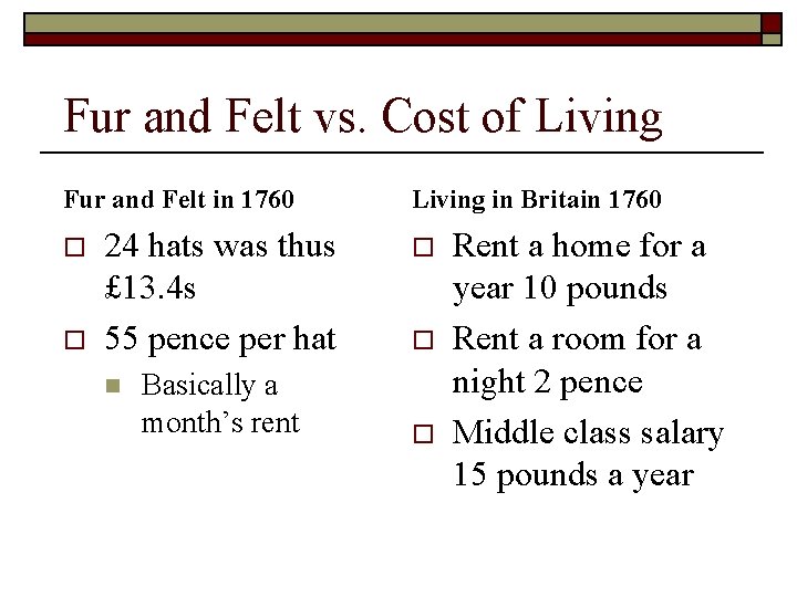 Fur and Felt vs. Cost of Living Fur and Felt in 1760 o o