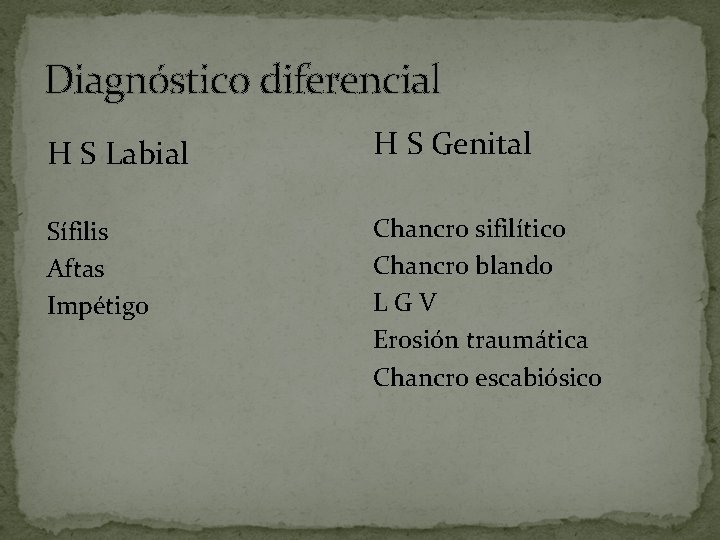 Diagnóstico diferencial H S Labial H S Genital Sífilis Aftas Impétigo Chancro sifilítico Chancro