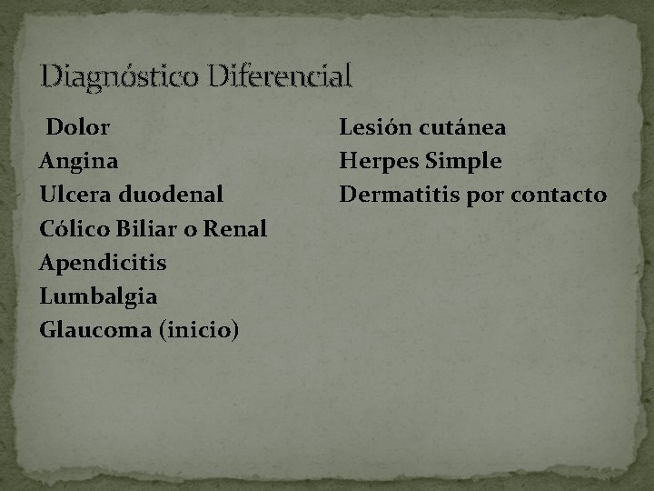 Diagnóstico Diferencial Dolor Angina Ulcera duodenal Cólico Biliar o Renal Apendicitis Lumbalgia Glaucoma (inicio)