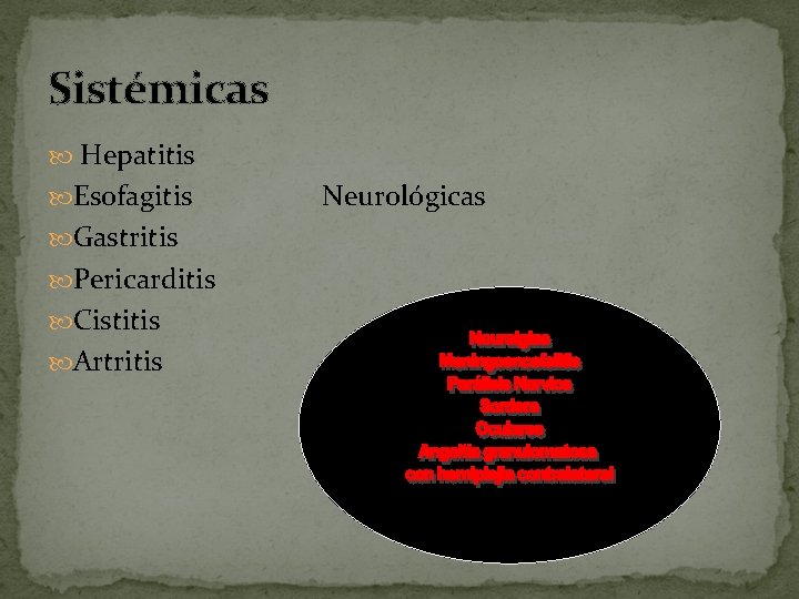 Sistémicas Hepatitis Esofagitis Gastritis Pericarditis Cistitis Artritis Neurológicas 