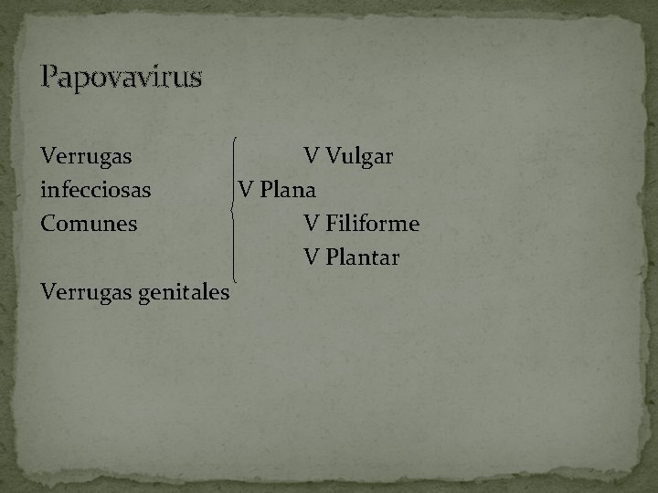 Papovavirus Verrugas infecciosas Comunes Verrugas genitales V Vulgar V Plana V Filiforme V Plantar