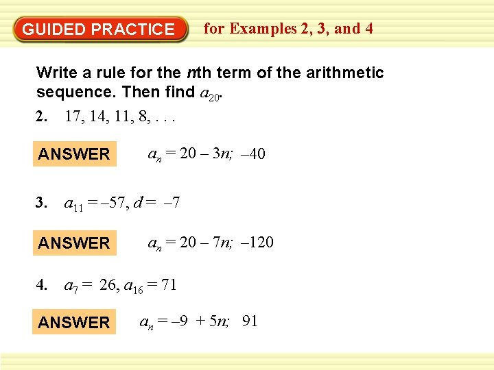 GUIDED PRACTICE for Examples 2, 3, and 4 Write a rule for the nth