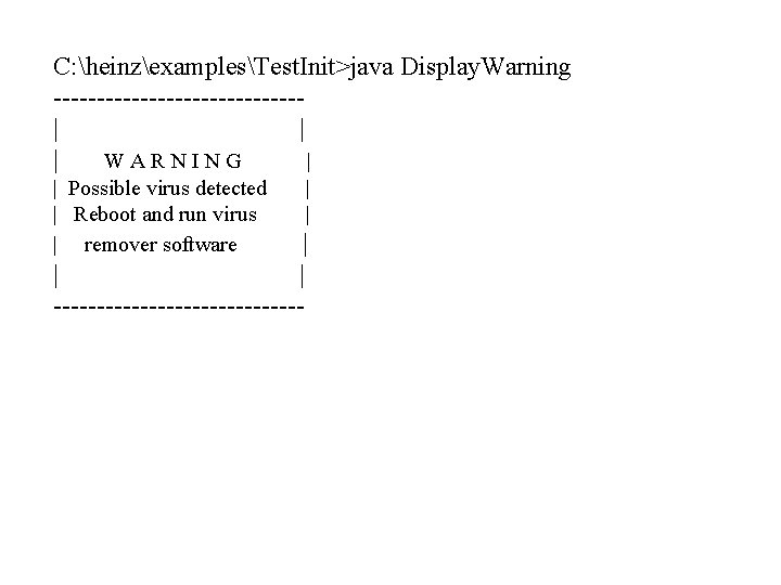 C: heinzexamplesTest. Init>java Display. Warning --------------| | | WARNING | | Possible virus detected