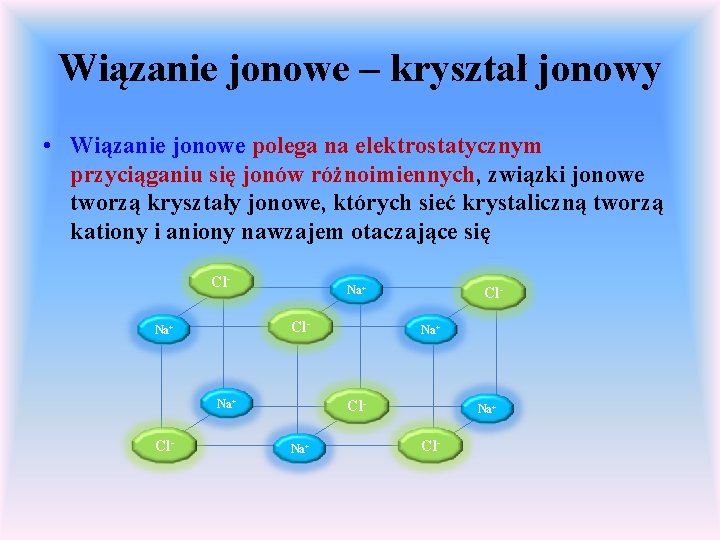 Wiązanie jonowe – kryształ jonowy • Wiązanie jonowe polega na elektrostatycznym przyciąganiu się jonów