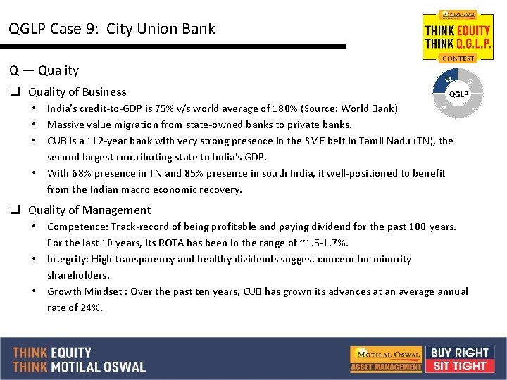 QGLP Case 9: City Union Bank Q — Quality q Quality of Business •