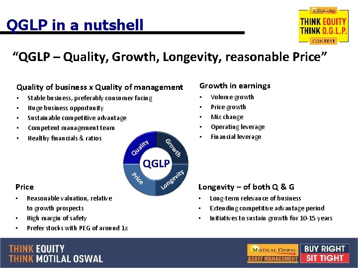 QGLP in a nutshell “QGLP – Quality, Growth, Longevity, reasonable Price” Quality of business