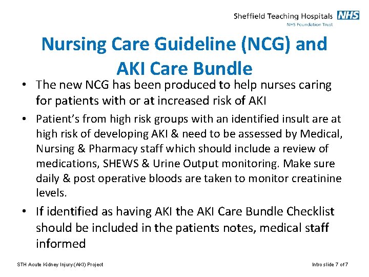 Nursing Care Guideline (NCG) and AKI Care Bundle • The new NCG has been