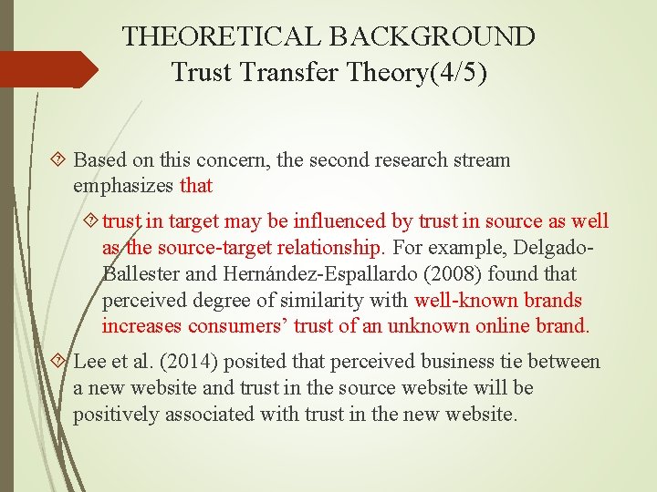 THEORETICAL BACKGROUND Trust Transfer Theory(4/5) Based on this concern, the second research stream emphasizes