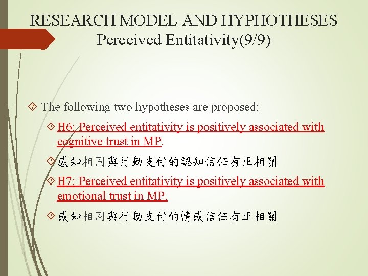 RESEARCH MODEL AND HYPHOTHESES Perceived Entitativity(9/9) The following two hypotheses are proposed: H 6: