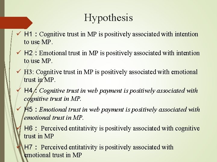 Hypothesis ü H 1：Cognitive trust in MP is positively associated with intention to use
