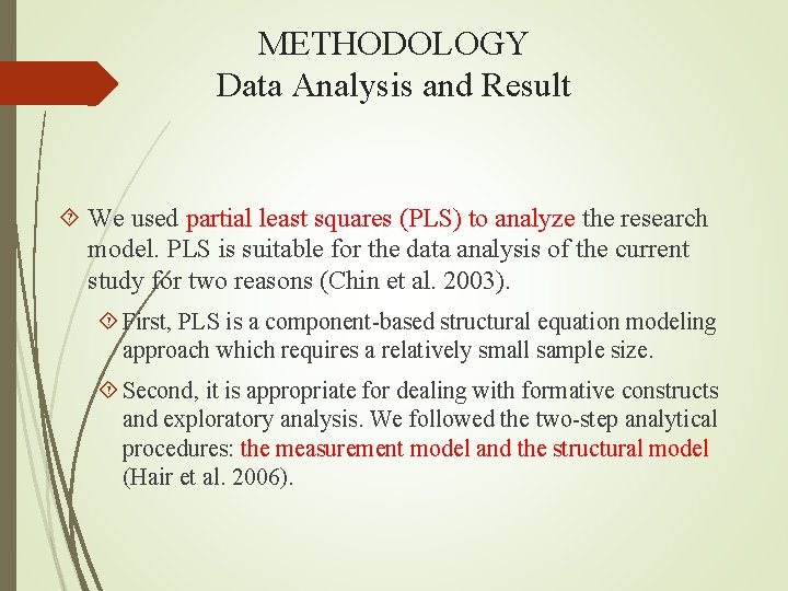 METHODOLOGY Data Analysis and Result We used partial least squares (PLS) to analyze the