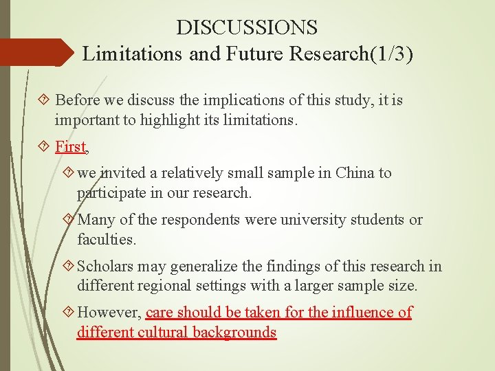DISCUSSIONS Limitations and Future Research(1/3) Before we discuss the implications of this study, it