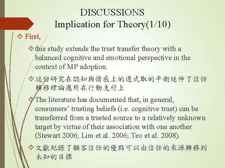 DISCUSSIONS Implication for Theory(1/10) First, this study extends the trust transfer theory with a