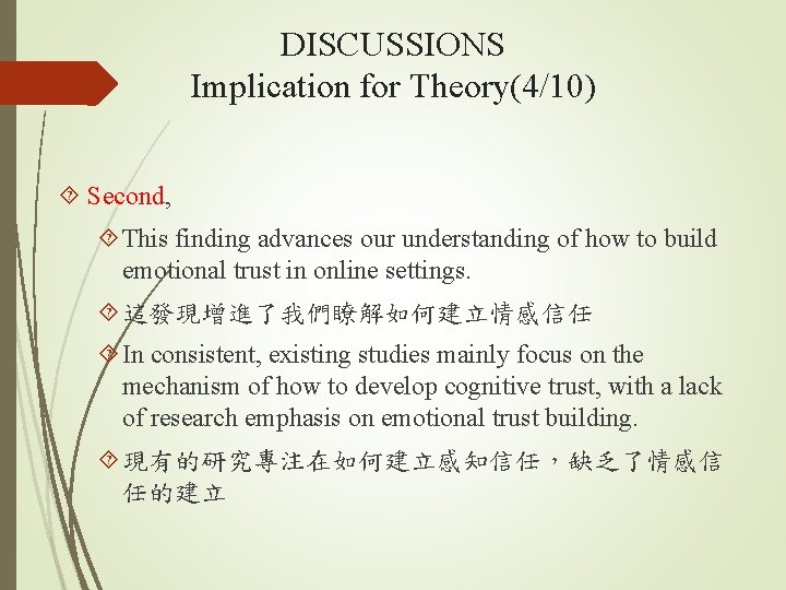 DISCUSSIONS Implication for Theory(4/10) Second, This finding advances our understanding of how to build