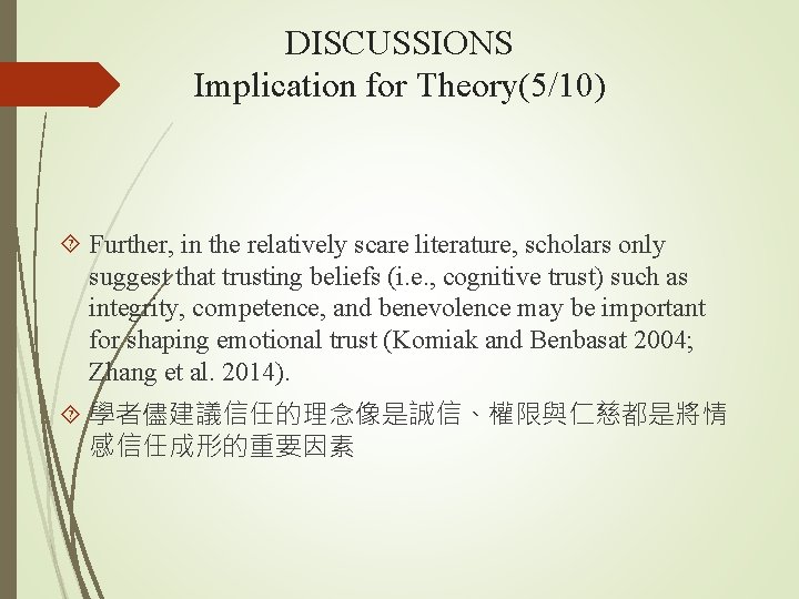 DISCUSSIONS Implication for Theory(5/10) Further, in the relatively scare literature, scholars only suggest that