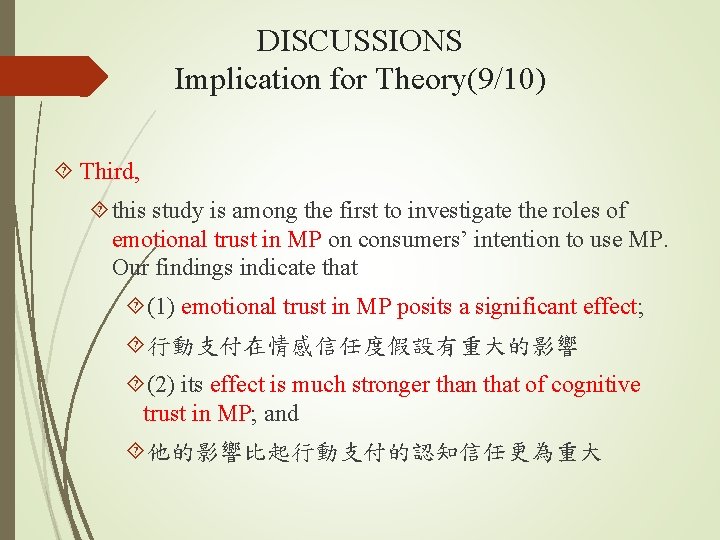 DISCUSSIONS Implication for Theory(9/10) Third, this study is among the first to investigate the