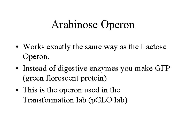 Arabinose Operon • Works exactly the same way as the Lactose Operon. • Instead