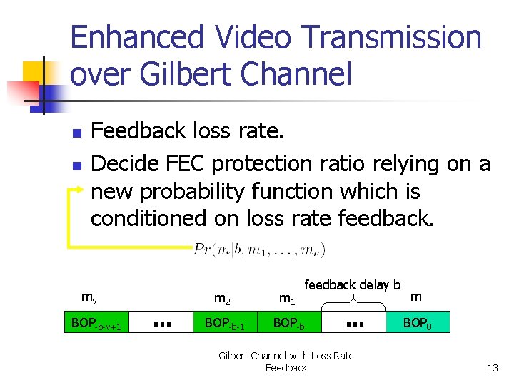 Enhanced Video Transmission over Gilbert Channel n n Feedback loss rate. Decide FEC protection