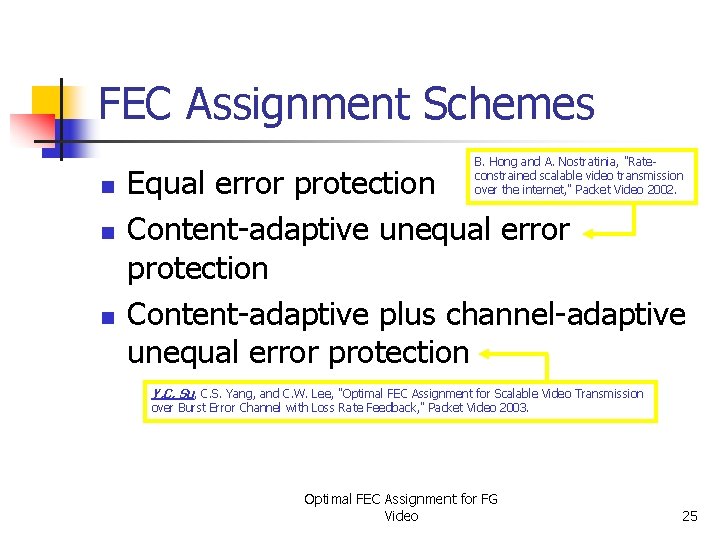 FEC Assignment Schemes n n n B. Hong and A. Nostratinia, "Rateconstrained scalable video