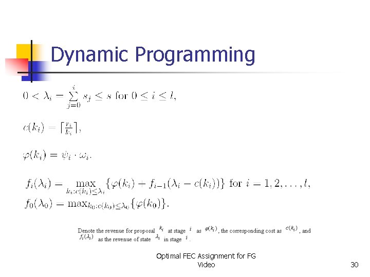 Dynamic Programming Optimal FEC Assignment for FG Video 30 