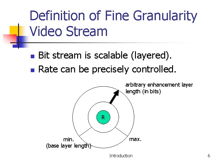 Definition of Fine Granularity Video Stream n n Bit stream is scalable (layered). Rate