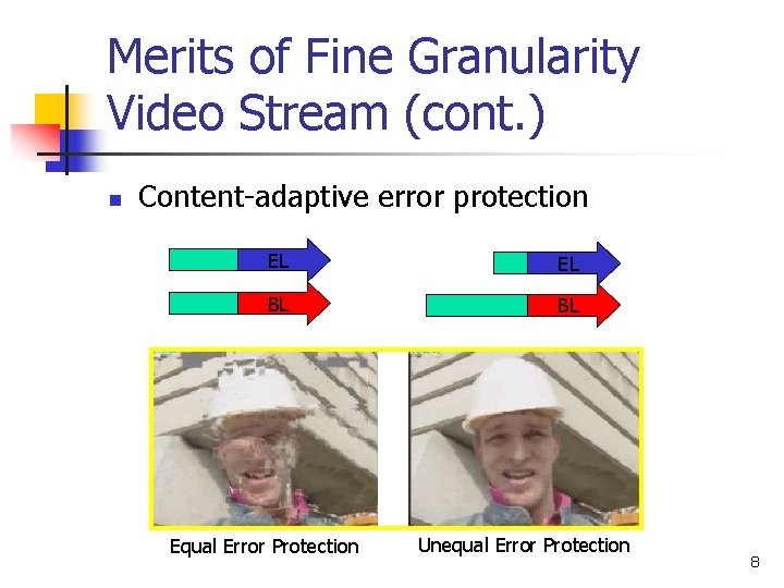 Merits of Fine Granularity Video Stream (cont. ) n Content-adaptive error protection EL EL