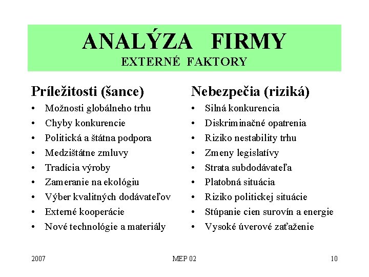 ANALÝZA FIRMY EXTERNÉ FAKTORY Príležitosti (šance) Nebezpečia (riziká) • • • • • Možnosti